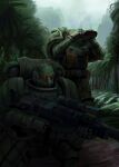  2boys absurdres adeptus_astartes armor artist_request binoculars bolter camouflage commission grey_sky gun highres holding holding_binoculars holding_gun holding_weapon jungle military military_uniform multiple_boys nature outdoors pauldrons rifle second-party_source shoulder_armor sniper_rifle space_marine tree uniform warhammer_40k weapon 