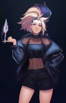  1girl absurdres akali black_background black_jacket black_shirt black_shorts blue_eyes bodystocking distr hand_in_pocket highres jacket k/da_(league_of_legends) k/da_akali kunai league_of_legends looking_at_viewer multicolored_hair navel off-shoulder_shirt off_shoulder open_clothes open_jacket parted_lips ponytail shirt shorts solo twirling_weapon two-tone_hair weapon white_hair 