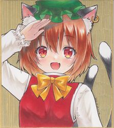  1girl :d animal_ear_fluff animal_ears bow cat_ears cat_tail chen ear_piercing earrings fang green_headwear hat highres jewelry long_sleeves mob_cap multiple_tails nekomata open_mouth piercing red_vest shikishi shirt single_earring skin_fang smile tail tatami touhou traditional_media tsugumi_(tky-fam) two_tails vest white_shirt 