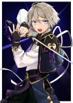  1boy :o absurdres ahoge bangs bishounen blue_eyes chinese_armor chinese_clothes commentary_request cowboy_shot fate/grand_order fate_(series) gloves gold_trim grey_hair hair_between_eyes highres holding holding_sword holding_weapon long_sleeves looking_away male_focus no_mask open_mouth pants prince_of_lan_ling_(fate) serious shiny shiny_hair short_hair solo sword tassel tate_yukimi teeth upper_teeth weapon 
