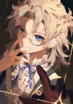  1boy albedo_(genshin_impact) androgynous blonde_hair blue_eyes blue_ribbon closed_mouth earrings genshin_impact glasses gloves highres jewelry long_sleeves looking_at_viewer male_focus ponytail ribbon shirt short_hair short_ponytail smile solo white_shirt yeurei 