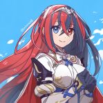  1girl alear_(fire_emblem)_(female) armor bangs blue_eyes blue_hair bow braid breasts crossed_bangs crown_braid fire_emblem_engage gloves heterochromia highres jewelry juria0801 long_hair looking_at_viewer medium_breasts multicolored_hair red_eyes redhead smile solo two-tone_hair very_long_hair 