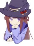  1girl :t absurdres brown_hair hair_rings hat head_rest highres long_hair long_sleeves looking_at_viewer michia_(bourgognepony) pout purple_shirt shirt simple_background solo sweep_tosho_(umamusume) umamusume v-shaped_eyebrows violet_eyes white_background witch_hat 