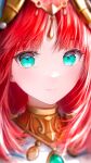  1girl absurdres bangs blurry brooch circlet close-up closed_mouth depth_of_field forehead_jewel genshin_impact green_eyes highres horns jewelry light_blush long_hair looking_at_viewer neck_ring nilou_(genshin_impact) ojay_tkym parted_bangs portrait redhead reflective_eyes smile solo 