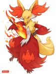  animal_ear_fluff closed_mouth commentary_request delphox fire frown full_body highres holding holding_stick oyasuminjyutsu pokemon pokemon_(creature) red_eyes signature solo stick white_background 