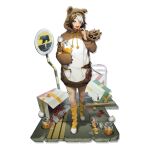  1girl :d animal_costume animal_ears arknights bangs bear bear_ears beehunter_(arknights) beehunter_(honey_pilferer)_(arknights) breasts brown_hair brown_hoodie commentary_request fang food fruit full_body hair_over_one_eye hand_up holding holding_food honey hood hoodie long_sleeves looking_at_viewer multicolored_clothes multicolored_hair multicolored_hoodie non-web_source official_alternate_costume official_art open_mouth short_hair shorts sign simple_background smile solo source_request standing strawberry streaked_hair teeth two-tone_hair violet_eyes white_background white_hair white_hoodie 