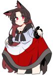  1girl animal_ears blush brown_hair closed_mouth clothes_lift collarbone cropped_legs dress dress_lift highres imaizumi_kagerou ini_(inunabe00) lifted_by_self long_hair long_sleeves red_dress red_eyes simple_background solo tail touhou white_background white_dress wolf_ears wolf_tail 