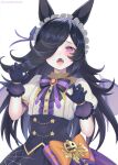  1girl animal_ears bangs black_hair brooch gloves hair_over_one_eye hands_up highres horse_ears horse_girl jewelry long_hair official_alternate_costume one_eye_covered open_mouth rice_shower_(make_up_vampire!)_(umamusume) rice_shower_(umamusume) short_sleeves simple_background solo suzuho_hotaru umamusume upper_body violet_eyes white_background 