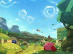  blue_sky bug butterfly castle castle_dedede cliff clouds day gooey_(kirby) grass highres kirby kirby:_star_allies kirby_(series) mountain outdoors revision running sky star_(symbol) suyasuyabi tree 