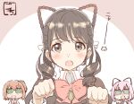  3girls amamiya_sophia_seren animal_ears artist_name assault_lily bangs blue_eyes blush bow bowtie braid brown_eyes brown_hair brown_jacket cat cat_ears chibi chibi_inset collared_shirt commentary_request cosplay crossed_bangs drill_hair fake_animal_ears fang gochisousama_(tanin050) green_bow green_eyes hair_bow hair_ears hair_ribbon hands_up jacket jewelry juliet_sleeves kishimoto_lucia_raimu kishimoto_lucia_raimu_(cosplay) long_hair long_sleeves looking_at_another looking_at_viewer low_twintails ludvico_private_girls&#039;_academy_school_uniform medium_hair miyase_reina multiple_girls necklace nose_blush one_side_up open_mouth orange_hair paw_pose pendant pink_background pink_bow pink_bowtie portrait puffy_sleeves real_life rectangular_mouth ribbon school_uniform shaded_face shirt short_hair solid_oval_eyes sweatdrop toda_eulalia_kotohi translated twin_braids twin_drills twintails two-tone_background v-shaped_eyebrows voice_actor voice_actor_connection wavy_mouth white_background white_ribbon white_shirt 
