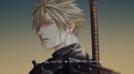  1boy aqua_eyes armor blonde_hair boooshow buster_sword close-up cloud_strife earrings final_fantasy final_fantasy_vii final_fantasy_vii_remake hair_between_eyes jewelry looking_back looking_to_the_side male_focus outdoors parted_lips portrait short_hair shoulder_armor single_earring solo spiky_hair sunset turtleneck upper_body weapon weapon_on_back 