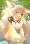 1girl :o absurdres animal_ears animal_on_shoulder arknights between_legs black_cat blonde_hair blue_hairband blue_skirt cat cat_on_shoulder cowboy_shot forest fox_ears fox_girl fox_tail frilled_hairband frills green_eyes hairband hand_between_legs highres kitsune long_hair long_sleeves multicolored_hair multiple_tails nature neck_ribbon open_mouth red_ribbon ribbon shirt sico_yuzi skirt solo streaked_hair suzuran_(arknights) suzuran_(spring_praise)_(arknights) tail tree white_hair white_shirt