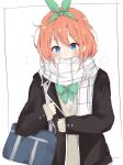  bag bangs black_jacket blue_eyes blush border bow breath brown_sweater commentary_request go-toubun_no_hanayome green_bow green_hairband hair_between_eyes hairband highres holding_strap jacket long_hair long_sleeves nakano_yotsuba nekohood orange_hair outside_border scarf scarf_over_mouth school_bag shirt simple_background sleeves_past_wrists sweater upper_body white_background white_scarf white_shirt 