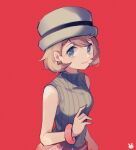  1girl bangs blonde_hair blue_eyes bracelet closed_mouth commentary_request grey_headwear hand_up hat highres jewelry looking_at_viewer nail_polish pink_nails podayo_po pokemon pokemon_(anime) pokemon_journeys red_background red_skirt serena_(pokemon) short_hair simple_background skirt smile solo sweater_vest 