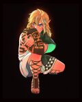  1boy black_background blonde_hair blue_eyes body_markings covering_mouth full_body gladiator_sandals hair_between_eyes highres looking_to_the_side male_focus medium_hair mochiwei one_knee pointy_ears sandals sidelocks solo the_legend_of_zelda the_legend_of_zelda:_breath_of_the_wild the_legend_of_zelda:_tears_of_the_kingdom toga 