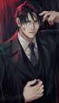  1boy black_hair black_jacket black_suit blood blood_on_face blue_eyes blue_necktie boooshow closed_mouth collared_shirt formal fujieda_ryo glasses hand_up highres jacket long_sleeves looking_at_viewer male_focus necktie rain shirt short_hair slow_damage solo suit suit_jacket upper_body waistcoat wet wet_clothes wet_hair white_shirt 