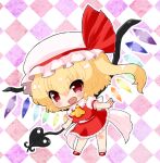 1girl argyle argyle_background ascot back_bow blonde_hair bow chibi collared_shirt fang flandre_scarlet frilled_shirt_collar frilled_skirt frilled_sleeves frilled_socks frills full_body hair_between_eyes hat hat_ribbon holding holding_polearm holding_weapon laevatein_(touhou) looking_at_viewer mary_janes medium_hair mob_cap multicolored_wings pink_background polearm puffy_short_sleeves puffy_sleeves purple_background red_eyes red_footwear red_ribbon red_skirt red_vest ribbon rikaon shirt shoes short_sleeves side_ponytail simple_background skin_fang skirt skirt_set socks solo touhou v-shaped_eyebrows vest weapon white_bow white_headwear white_shirt white_socks wings yellow_ascot 