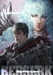  2boys armor berserk berserker_armor bishounen black_hair curly_hair griffith_(berserk) guts_(berserk) highres manly multiple_boys short_hair white_hair yona_(edenkasuga) 