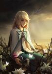  1boy blonde_hair blue_eyes bracelet capelet closed_mouth clouds cloudy_sky dress_shirt flower grey_pants jewelry kazuko_(towa) long_hair male_focus mithos_yggdrasill outdoors pants shirt sitting sky solo straight_hair tales_of_(series) tales_of_symphonia white_capelet white_flower white_shirt 