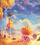  absurdres character_request clouds cloudy_sky day gooey_(kirby) grass grasslands highres kirby kirby_(series) leaf looking_up mushroom open_mouth outdoors pumpkin revision sky suyasuyabi tree 