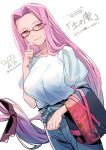  1girl absurdres fate/grand_order fate_(series) forehead glasses highres long_hair looking_at_viewer low-tied_long_hair medusa_(fate) medusa_(rider)_(fate) noko_morokoshi official_alternate_costume pink_eyes pink_hair shirt solo very_long_hair white_background white_shirt 