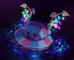  afloat blush_stickers claws dark_background glowing hat heart highres innertube jester_cap kirby_(series) marx_(kirby) no_humans open_mouth scales sideways_glance solo suyasuyabi violet_eyes wings 