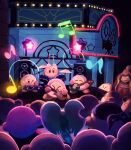  absurdres band bandana bandana_waddle_dee blue_bandana brown_eyes closed_eyes dark_background elfilin from_behind highres instrument king_dedede kirby kirby_(series) kirby_and_the_forgotten_land light movie_theater music musical_note night no_humans no_mouth one_eye_closed open_mouth sound_wave suyasuyabi waddle_dee 