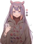  1girl absurdres bangs blue_eyes cellphone fang gradient_hair highres holding holding_phone hololive hololive_english hood hoodie long_hair long_sleeves mole mole_under_eye multicolored_hair ninomae_ina&#039;nis octopus_print open_mouth orange_hair phone print_hoodie purple_hair simple_background smartphone solo szuukie upper_body virtual_youtuber white_background 