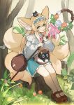  1girl absurdres animal_ears animal_on_head arknights basket black_cat blue_hairband blue_skirt blush bow brown_footwear cat food forest fox_ears fox_girl fox_tail frilled_hairband frills fruit grass green_eyes hairband highres holding holding_staff in_basket kitsune leaf long_sleeves looking_at_viewer multiple_tails nature neck_ribbon on_head open_mouth orange_(fruit) pantyhose pink_bow red_ribbon ribbon shirt sitting skirt solo staff suzuran_(arknights) suzuran_(spring_praise)_(arknights) tail tree tree_stump white_pantyhose white_shirt yurooe 