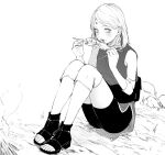  1girl bangs bike_shorts eating facial_mark full_body greyscale haruno_sakura medium_hair monochrome naruto_(series) naruto_shippuuden parted_bangs sitting sleeveless sleeveless_jacket solo straight_hair suzu_(tg_390) 