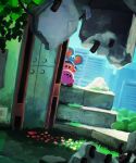  abandoned absurdres bandana bandana_waddle_dee blue_bandana building bush city concrete day elfilin flower grass highres kirby kirby_(series) kirby_and_the_forgotten_land leaf looking_to_the_side open_mouth outdoors revision rock scenery sky suyasuyabi 