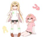  2girls alternate_species bangs bike_shorts blonde_hair chirun0 closed_mouth highres inkling long_hair multiple_girls mythra_(xenoblade) pyra_(xenoblade) red_eyes redhead short_hair simple_background solo splatoon_(series) squid suction_cups swept_bangs tentacle_hair tentacles very_long_hair white_background yellow_eyes 