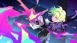  1boy absurdres androgynous ascot black_jacket closed_mouth fire glaring gloves green_fire green_hair highres jacket lio_fotia long_sleeves male_focus mi_lu-zi outstretched_arm promare purple_fire pyrokinesis short_hair solo violet_eyes 