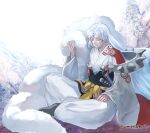  1boy closed_mouth crescent crescent_facial_mark expressionless facial_mark forehead_mark fur hexagon_print highres inuyasha japanese_clothes long_hair male_focus outdoors pointy_ears sesshoumaru sheath sheathed sitting snow solo spikes tree umenchu7 whisker_markings white_hair white_theme winter yellow_eyes 