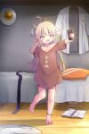  1girl :d absurdres amazon_(company) antenna_hair bangs bare_legs barefoot bed_sheet blonde_hair blush book cellphone child chinese_commentary clock commentary_request fang flat_chest hair_between_eyes hand_up highres holding holding_phone indoors jacket kuma-bound leg_up long_hair long_shirt motion_lines open_book original phone short_sleeves smartphone smile solo toes v wall_clock white_jacket wooden_floor yellow_eyes 
