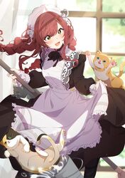  1girl absurdres alternate_costume apron bangs black_dress blush braid broom cat curtsey dress enmaided frilled_apron frills highres holding holding_broom idolmaster idolmaster_shiny_colors long_dress long_hair maid maid_apron maid_headdress official_alternate_costume osaki_amana puffy_sleeves redhead reikakrzk skirt_hold smile solo swept_bangs twin_braids twintails victorian_maid white_apron yellow_eyes 