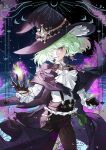  1boy absurdres alternate_costume androgynous ascot black_pants cloak crescent earrings fire green_fire green_hair hair_over_one_eye hand_up hat highres jewelry lio_fotia looking_at_viewer male_focus pants parted_lips promare purple_fire pyrokinesis qianxiaobai short_hair solo standing violet_eyes witch_hat 