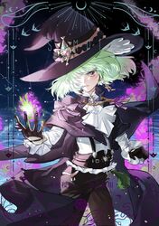  1boy absurdres alternate_costume androgynous ascot black_pants cloak crescent earrings fire green_fire green_hair hair_over_one_eye hand_up hat highres jewelry lio_fotia looking_at_viewer male_focus pants parted_lips promare purple_fire pyrokinesis qianxiaobai short_hair solo standing violet_eyes witch_hat 