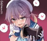  1girl asmr ebifurya gloves gradient gradient_background gradient_hair heart highres kantai_collection looking_at_viewer multicolored_hair open_mouth sailor_collar short_hair solo spoken_heart tsushima_(kancolle) twitter_username violet_eyes white_gloves 