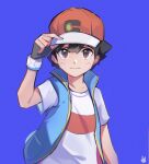  1boy ash_ketchum bangs black_hair blue_jacket brown_eyes closed_mouth commentary_request dynamax_band fingerless_gloves gloves hand_on_headwear hand_up hat highres jacket looking_at_viewer male_focus podayo_po pokemon pokemon_(anime) pokemon_journeys red_headwear shirt short_hair short_sleeves simple_background sleeveless sleeveless_jacket solo t-shirt white_shirt 