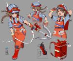  1girl adjusting_clothes adjusting_headwear atte_nanakusa axe backpack bag blue_eyes blue_shirt boots braid child defender_(atte_nanakusa) fire_axe fire_extinguisher firefighter floating_hair gloves grey_background hardhat harpoon_gun hatchet_(axe) helmet highres holding holding_weapon multiple_views necktie open_mouth orange_gloves orange_overalls original overalls parted_lips red_footwear red_necktie rubber_boots running shirt simple_background twin_braids weapon 