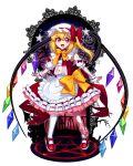  1girl :d adapted_costume apron asymmetrical_legwear blonde_hair bow bowtie detached_sleeves fang fingernails flandre_scarlet frilled_apron frilled_skirt frills full_body hair_between_eyes hat hat_ribbon highres large_bow looking_at_viewer mary_janes medium_hair mob_cap multicolored_wings nova_(artist) open_mouth pentagram pigeon-toed puffy_short_sleeves puffy_sleeves red_eyes red_footwear red_ribbon red_skirt ribbon ribbon-trimmed_skirt ribbon_trim sharp_fingernails shirt shoes short_sleeves side_ponytail skirt sleeveless sleeveless_shirt smile socks solo standing star_(symbol) touhou waist_apron white_apron white_headwear white_socks wings wrist_cuffs yellow_bow yellow_bowtie 