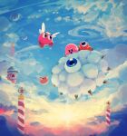  animal_ears balloon blue_eyes bronto_burt broom broom_riding clouds cloudy_sky creature day flying highres kirby kirby_(series) kracko monster one-eyed open_mouth pole riding scarfy sky smile spikes star_(symbol) sun sunlight suyasuyabi waddle_doo white_hair wings 