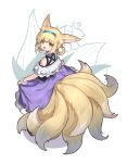  1girl animal_ears arknights bangs blonde_hair blush fox_ears fox_girl fox_tail green_eyes hair_rings hairband highres looking_at_viewer looking_back mabing multiple_tails open_mouth oripathy_lesion_(arknights) purple_skirt shirt short_hair skirt skirt_hold smile solo standing suzuran_(arknights) tail white_shirt wrist_cuffs 