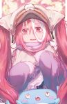 1girl absurdres bags_under_eyes blurry blurry_background blush_stickers brown_headwear character_request fuunyon hair_between_eyes hands_up highres japanese_clothes long_hair made_in_abyss multicolored_hair open_mouth purple_scarf purple_sleeves red_eyes redhead scarf smile solo_focus straight-on streaked_hair twintails upper_body veko very_long_hair wavy_mouth white_hair 
