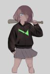  1girl atte_nanakusa baseball_bat black_sweater blue_eyes bob_cut bomb_suicider_(atte_nanakusa) brown_hair child clenched_hand glaring grey_background grey_skirt highres holding holding_baseball_bat long_sleeves looking_at_viewer medium_hair miniskirt original pleated_skirt simple_background skirt solo standing sweater wide-eyed 