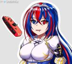  1girl alear_(fire_emblem)_(female) blue_eyes blue_hair breasts canadiananiguy controller fire_emblem_engage game_controller heterochromia joy-con large_breasts multicolored_hair red_eyes redhead simple_background solo two-tone_hair white_background 