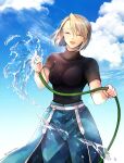  1girl black_shirt blonde_hair blue_pants blue_sky bob_cut breasts closed_mouth clouds cowboy_shot facing_viewer full_body fullmetal_alchemist hair_between_eyes highres holding holding_hose hose medium_breasts open_mouth outdoors pants riza_hawkeye shirt short_hair short_sleeves sky smile solo takafuji_yuna turtleneck twitter_username waist_cape watering 