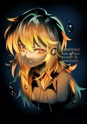  1girl bangs black_jacket blonde_hair commission hair_between_eyes highres hood hood_down hooded_jacket jacket long_hair orange_eyes original solo straight_hair twitter_username watermark zasshu 