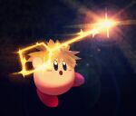  1other black_background black_eyes blush_stickers brown_hair copy_ability energy_weapon glowing holding holding_weapon keyblade kingdom_hearts kirby kirby_(series) no_humans open_mouth other_focus sora_(kingdom_hearts) sparkle spiky_hair super_smash_bros. suyasuyabi weapon 